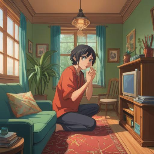 A calming home healthcare scene, depicting a person gently massaging their index finger, comfortable living room setting, soft natural light coming through the window, soothing colors, supportive cushions, self-care tools like a tension ball and essential oils, relaxed expression, healing atmosphere, 4k