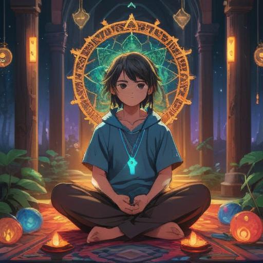 A serene and contemplative scene, a person sitting cross-legged in meditation, surrounded by glowing symbols representing spirituality, a faint aura around the index finger, gentle light illuminating the area, nature in the background, soft focus, a sense of peace and awareness, 4k