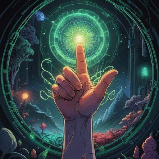 A close-up image of a human index finger with a small cut, glowing with a mystical light, surrounded by ethereal symbols and patterns that represent spiritual energy, soft focus background with a serene atmosphere, vibrant colors, hint of nature elements like leaves and flowers, conveying a sense of healing and positive energy, 4k