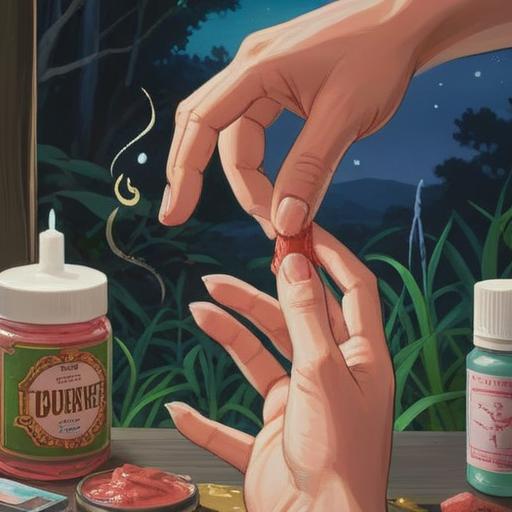 A close-up of a person's hand, gently applying a healing ointment to a small cut on their index finger, soft natural light, a serene atmosphere, elements of good luck incorporated like a four-leaf clover or a lucky charm nearby, soothing colors, detailed portrayal of the skin texture and the ointment, emphasizing care and healing, 4k