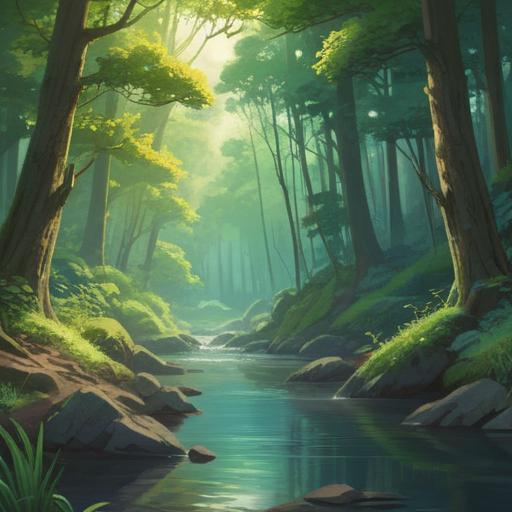 A serene and calming scene depicting a peaceful nature setting, a gentle river flowing through a lush green forest, soft sunlight filtering through the trees, a person sitting on a rock by the river, gazing thoughtfully into the water, surrounded by blooming flowers, reflecting a sense of tranquility and healing, an emotional journey of self-discovery, 4k