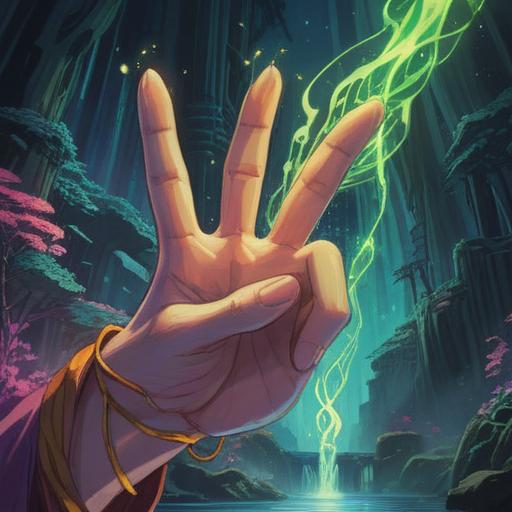 A mystical and symbolic illustration depicting the spiritual significance of cutting the index finger, ethereal aura, vivid imagery of energy flow, representation of sacrifice and transformation, serene landscape in the background, subtle spiritual icons, introspective theme, 4k