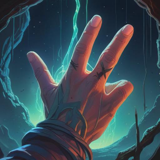 A close-up of a human hand with a bandaged index finger, glowing light emanating from the finger, ethereal aura surrounding the hand, symbolic imagery of healing and enlightenment, soft and mystical background, serene atmosphere, hints of nature and spirituality, clarity and hope, 4k