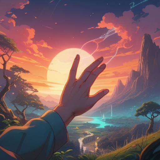 A serene and ethereal illustration, a person gently scratching their index finger, soft glowing aura surrounding the hand, a mystical landscape in the background, vibrant colors symbolizing energy flow, a sense of spiritual awakening, detailed depiction of emotions, harmony with nature, 4k