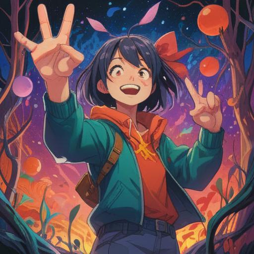 A whimsical scene depicting a person joyfully scratching their itchy index finger, vibrant colors, playful and lighthearted atmosphere, magical elements surrounding the finger, lucky charms scattered around, cheerful expressions, nature in the background, 4k