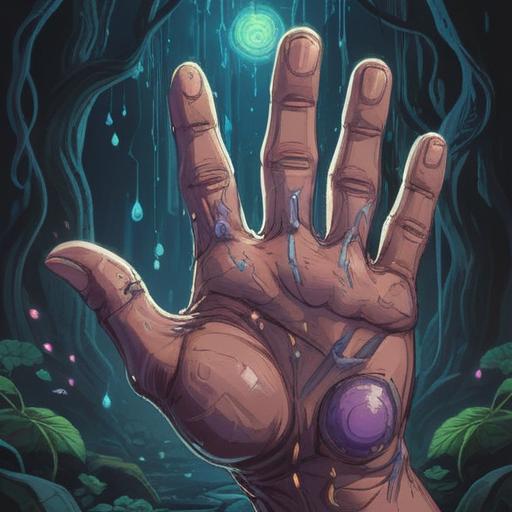 A mystical illustration of a hand with an emphasized index finger, featuring a prominent mole glowing softly, surrounded by ethereal symbols and light, representing spiritual significance, a serene background with gentle colors, harmonious energy flow, mystical ambiance, 4k