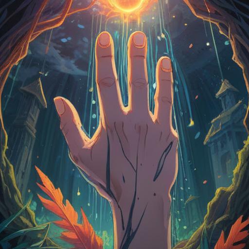 A mystical illustration depicting a close-up of a hand with a prominent beauty mark on the index finger, surrounded by ethereal light, symbols of spirituality like mandalas and crystals, serene nature background, harmonious colors, representing positive energy and signs, 4k
