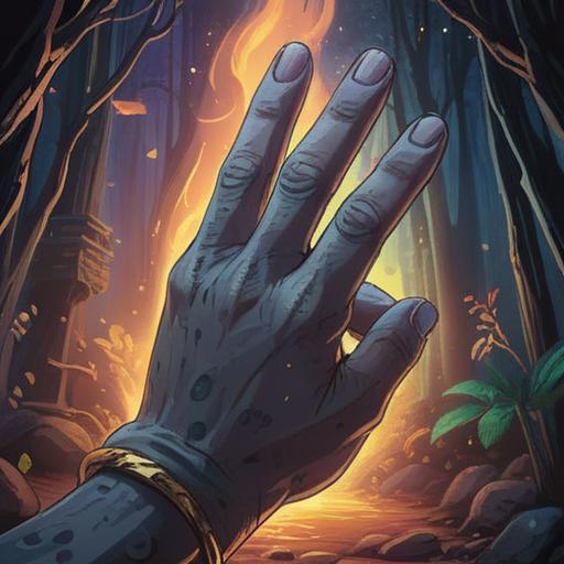 A mystical scene depicting a person's hand with a prominent mole on their index finger, soft glowing light around the finger, symbolic meanings of spiritual signs, ethereal background with stars and swirling energy, intricate details on the mole, contemplative expression on the person's face, serene and introspective atmosphere, vibrant colors, 4k