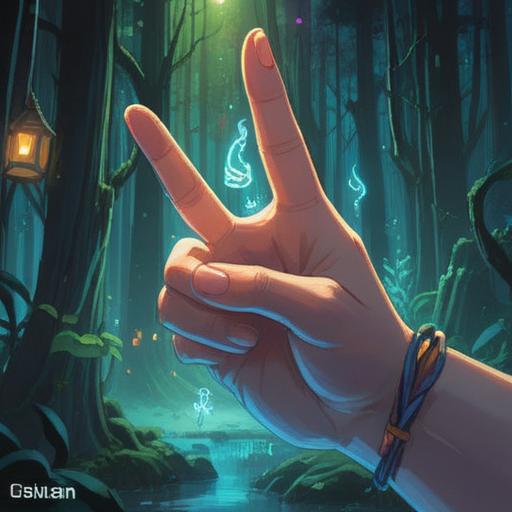 A mystical scene depicting a hand with an emphasized index finger, highlighted beauty mark on the finger, surrounded by glowing symbols and ethereal light, serene backdrop of a tranquil forest or celestial sky, representing spirituality and positive omens, enchanting atmosphere, intricate details, 4k
