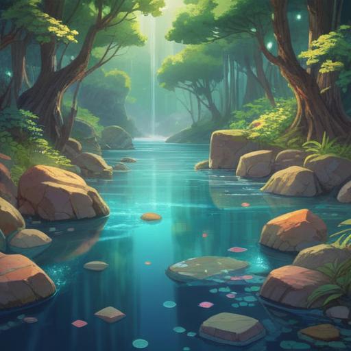 A serene and uplifting illustration, vibrant crystals radiating healing energy, soft light illuminating each stone, a tranquil natural setting with flowing water and lush greenery, gentle aura surrounding the crystals, peaceful atmosphere promoting inner harmony, detailed textures of the stones, 4k
