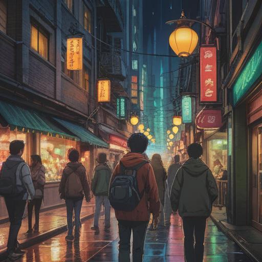 A crowded city street filled with people, a weary individual holding a small, glowing lucky stone, vibrant city lights reflecting off surfaces, a sense of fatigue in the character’s expression, gentle aura around the lucky stone, contrasting the bustling environment, hints of hope amidst the chaos, 4k