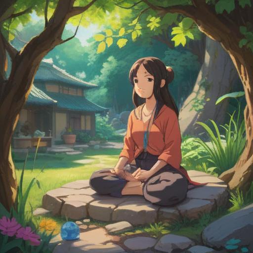 A serene and tranquil scene of a person meditating in a peaceful garden, surrounded by various lucky stones, gentle sunlight filtering through the trees, soft petals falling, a small stream flowing nearby, a sense of calmness and renewal, nature's beauty enhancing the feeling of emotional reset, clear blue sky, harmonious atmosphere, vibrant colors, intricate details of stones, 4k