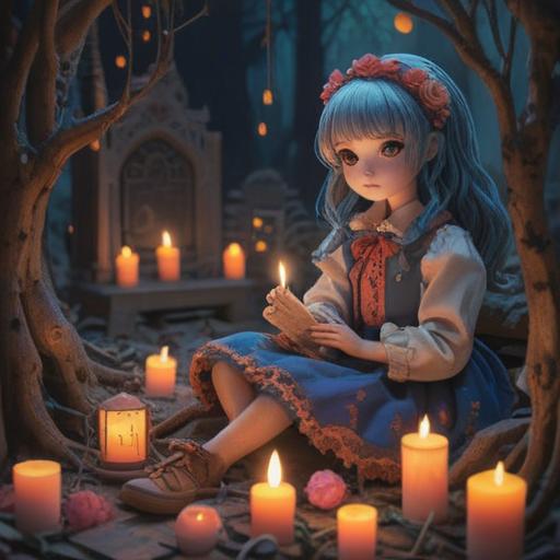 A serene scene depicting a doll graveyard, surrounded by candlelight, soft ethereal glow, intricate details on the dolls, various traditional and modern dolls, a tranquil atmosphere, floral offerings, gentle winds rustling through leaves, spiritual essence of remembrance and respect, 4k