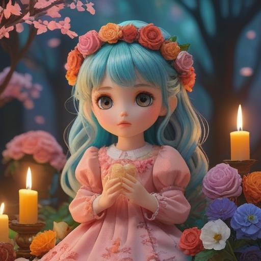 A serene scene of a doll memorial ceremony, soft ethereal light, gentle offering of flowers and candles, spiritual atmosphere, respectful gathering of people, dolls displayed with care, nature backdrop, sense of peace and gratitude, warm colors, meaningful connections, 4k