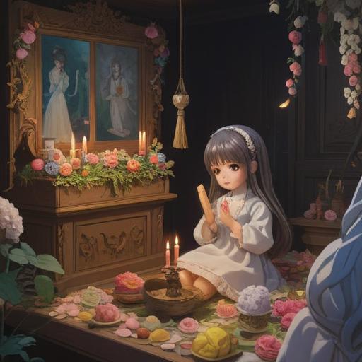 A serene scene depicting a doll memorial service, gentle lighting, various types of dolls arranged respectfully, symbolic offerings such as flowers and incense, a calm atmosphere, spiritual signs such as floating orbs of light and subtle energy waves, respectful gestures from participants, warm and reflective expressions, a tranquil outdoors setting, 4k