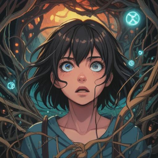 A surreal illustration depicting a chaotic scene of broken connections, dark swirling energies, empty eyes reflecting despair, tangled vines symbolizing toxic relationships, shadowy figures representing negative emotions, contrasting light illuminating the isolation, a distant glimmer of hope, dreamlike atmosphere, vibrant colors clashing with dark elements, 4k