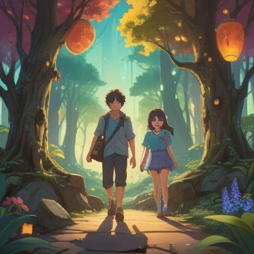 A magical scene featuring a glowing lucky stone, surrounded by diverse people connecting and sharing smiles, warm sunlight filtering through trees, symbols of friendship and healing in the air, positive energy radiating, serene park setting, harmonious atmosphere, vibrant colors, 4k