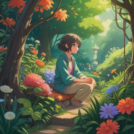 An illustration depicting a serene and introspective scene, a person sitting peacefully in a tranquil garden, surrounded by blooming flowers and gently swaying trees, reflecting on their thoughts, organized journals and calming tea, sunlight filtering through leaves, symbolizing clarity and renewal, emotional resilience, peaceful atmosphere, soft colors, 4k