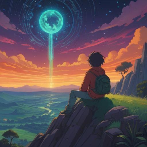 A serene landscape depicting a person sitting on a hilltop, gazing at a vast, starry sky, surrounded by glowing orbs of light symbolizing spiritual energy, soft ethereal colors, tranquil atmosphere, an expression of contemplation and inner peace, gentle breeze rustling through the grass, harmony with nature, 4k