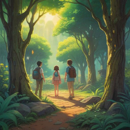 A serene outdoor scene depicting diverse individuals engaging in meaningful conversations, harmonious interactions, warm sunlight filtering through trees, expressions of empathy and understanding, symbolic representations of inner balance such as yin and yang, vibrant yet calming colors, inviting atmosphere, promoting self-awareness and connection, 4k