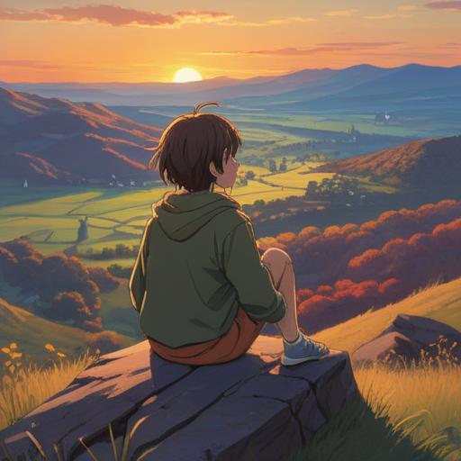 A serene and introspective scene, a person sitting on a hilltop at sunset, gazing thoughtfully at the horizon, soft light illuminating their face, symbols of connection like intertwined vines and glowing orbs around them, ethereal atmosphere, elements of peace and clarity, a gentle breeze rustling the grass, 4k