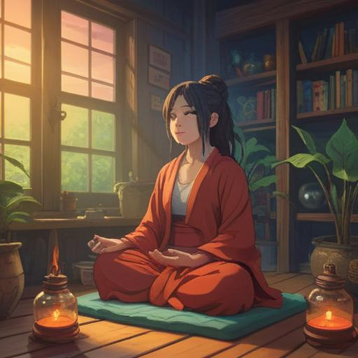 A serene indoor scene depicting a person meditating with a lucky aroma diffuser, warm soft lighting, various essential oil bottles on a wooden table, calming plants in the background, a gentle swirl of aromatic mist in the air, peaceful atmosphere, focus on relaxation and clarity, soothing color palette, 4k