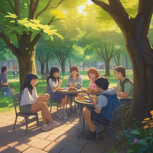 A heartwarming scene of friends gathering in a sunny park, laughter exchanging among diverse individuals, sharing food and stories, warm smiles and gestures of kindness, vibrant flowers and greenery around, showcasing unity and harmony, 4k