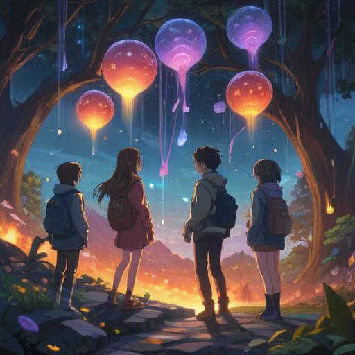 A magical scene depicting a group of diverse friends sharing heartfelt conversations, glowing words floating around them, vibrant colors, warm smiles, a cozy environment, whimsical elements symbolizing connection and understanding, inviting atmosphere, bright sunlight filtering through trees, 4k