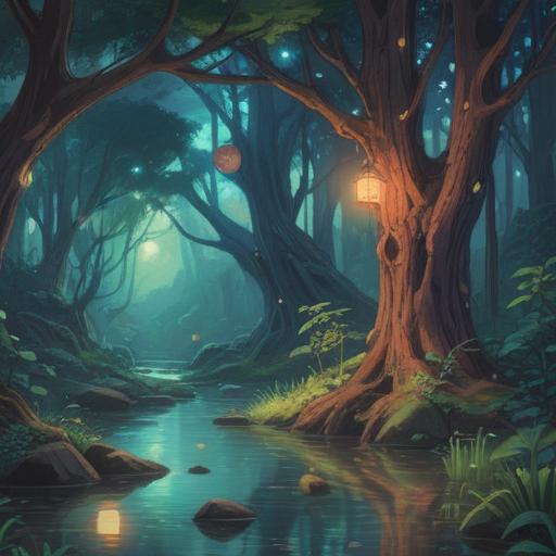 A serene and mystical landscape, ethereal light filtering through ancient trees, a gentle stream reflecting the stars, soft glowing orbs symbolizing positive signs, peaceful atmosphere, a figure meditating in harmony with nature, interconnected energies, 4k