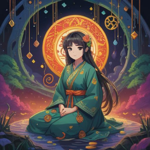 A mystical and enchanting illustration of a spiritual lucky charm, vibrant colors, ethereal glow, surrounded by symbols of harmony and connection, depicting diverse people coming together, invoking feelings of positivity and happiness, intricate details on the charm, serene background with nature elements, conveying a sense of hope and transformation, 4k