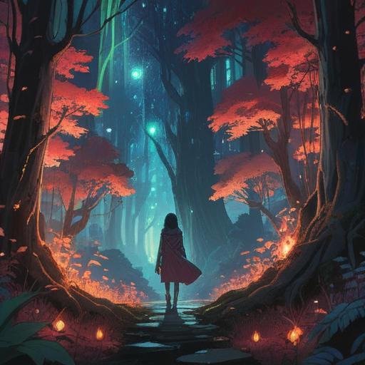 A mystical scene depicting a person standing at the edge of a forest, surrounded by ethereal lights, a silhouette representing their spiritual self looming in the background, a sense of urgency and separation, vivid colors contrasting with deep shadows, celestial elements in the sky, a calming yet eerie atmosphere, symbolic representations of intuition and warnings, 4k