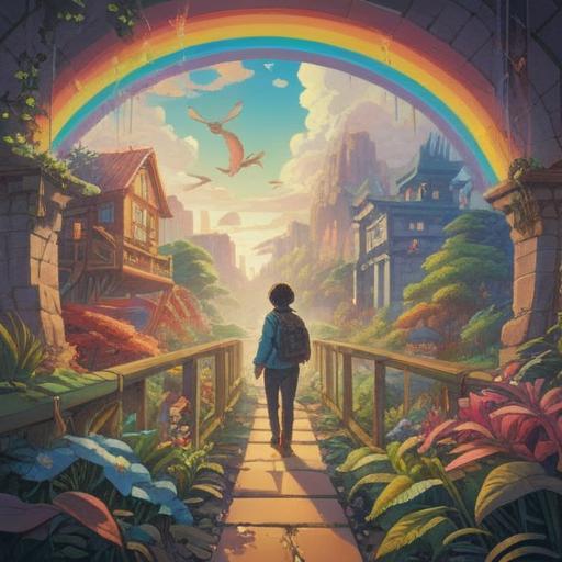 A vibrant illustration of lucky symbols fostering human connection, a rainbow bridge connecting diverse people, hands reaching out to each other, a backdrop of a blooming garden symbolizing growth and harmony, bright colors representing hope and positivity, intricate details of cultural symbols, dynamic interactions among characters, 4k