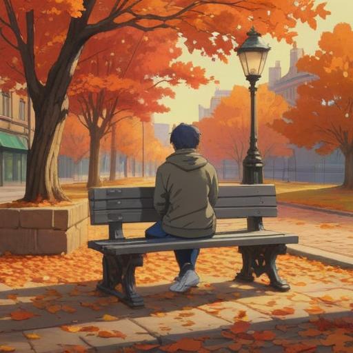 A thoughtful and introspective scene depicting a person sitting alone on a park bench, surrounded by autumn leaves, deep in thought, a gentle expression of acceptance on their face, various paths leading away from the bench symbolizing different life choices, warm sunlight filtering through the trees, creating a sense of tranquility and hope, soft clouds in the sky, 4k