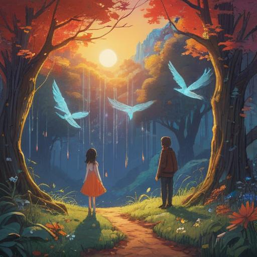 A spiritual representation of the emotional significance of human relationships and parting, ethereal light, symbolic elements like broken chains and floating feathers, a serene landscape with a sunset, figures fading into the background, soft glow surrounding the scene, an air of reflection and acceptance, 4k