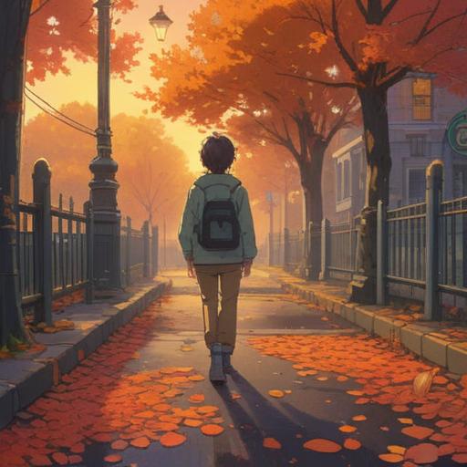 A reflective scene of a person standing at a crossroad, pondering their past, autumn leaves falling around them, a soft sunset in the background, symbolizing both loss and new beginnings, gentle expressions, warm light illuminating the path ahead, 4k