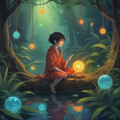 A serene scene depicting a person in deep contemplation, surrounded by nature, subtle spiritual symbols like feathers and light orbs in the air, a quiet forest setting, soft sunlight filtering through the trees, a feeling of clarity and peace, a gentle breeze suggesting a sense of release, introspective mood, harmonious colors, 4k