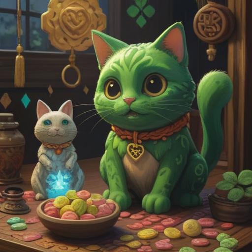 A vibrant still life of lucky charms and good fortune items, featuring a glowing four-leaf clover, a lucky cat figurine, and colorful gemstones, arranged on a wooden table, warm sunlight filtering through a window, creating a serene and hopeful atmosphere, intricate details on the charms, highlighting their significance, 4k