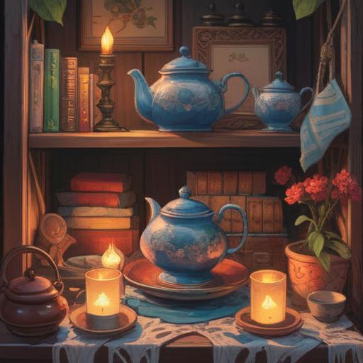 A serene setting showcasing various items that promote resetting the mind, including a calming tea set, soothing candles, a cozy blanket, and tranquil plants, warm lighting creating a peaceful atmosphere, inviting and comforting design, relaxation and mindfulness theme, 4k