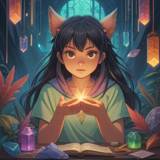 A serene illustration depicting a person organizing their relationships, ethereal light surrounding them, symbols of spirituality like crystals and feathers, harmonious colors evoking tranquility, diverse character representations, a sense of clarity and peace, surrounded by nature, blooming flowers, 4k