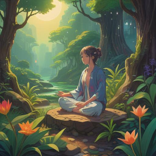 A serene illustration depicting a person meditating amidst nature, surrounded by vibrant symbols representing spiritual signs, calming color palette, ethereal light filtering through trees, signs of connection like intertwined branches, soft whispers of wind, gentle water flow reflecting the sky, peaceful atmosphere, introspective mood, 4k