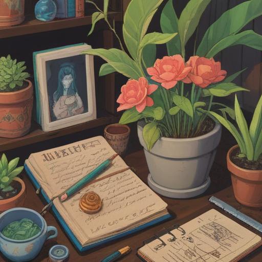 A serene still-life composition, depicting lucky items for relationship organization, a notebook with colorful tabs, a small potted plant symbolizing growth, a crystal for clarity, gentle sunlight filtering through a window, calming atmosphere, warm color palette, 4k