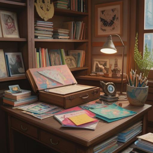 A well-organized collection of various colorful papers, neatly stacked on a wooden desk, vibrant stationery items scattered around, a soft light illuminating the workspace, a coffee cup steaming beside, a notebook with notes visible, an inviting and productive atmosphere, 4k
