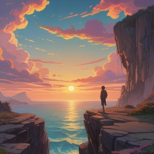 A serene and contemplative scene, a person standing at the edge of a cliff, overlooking a vast ocean at sunset, an ethereal glow surrounding them, symbolic of release and freedom, gentle waves crashing, soft light illuminating the sky, a sense of peace and letting go, spiritual journey, 4k