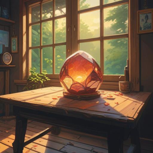 A serene scene depicting a glowing lucky stone resting on a wooden table, warm sunlight filtering through a window, soft shadows cast around, an open journal nearby with handwritten thoughts about release, plants in the background symbolizing growth, calming colors, peaceful atmosphere, introspective mood, 4k