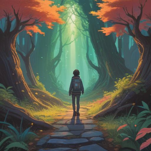 A hopeful scene depicting a person standing at a crossroads, looking back at what was left behind, a path leading into a bright, unknown future, vibrant greenery surrounding the trail, soft rays of sunlight breaking through the trees, a sense of liberation and anticipation, emotional expression on the character's face, 4k
