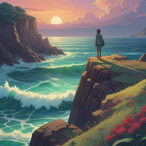 A serene and contemplative scene, a person standing on a cliff overlooking a vast ocean, soft waves gently lapping against the shore, subtle hints of ethereal light illuminating the sky, symbols of detachment represented by drifting leaves and birds in flight, an aura of transformation and self-discovery, calming colors, tranquil atmosphere, 4k