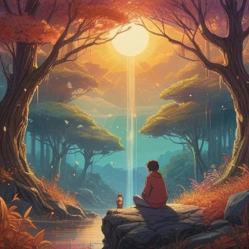 A serene scene depicting deep human connections, two people sharing a moment of understanding, surrounded by ethereal light representing spiritual growth, symbolic representations of learning such as books and nature, harmonious colors blending together, a tranquil atmosphere, emotional expressions on their faces, 4k