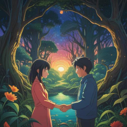 A serene digital artwork depicting the evolution of human relationships, symbolic elements representing spiritual growth, gentle light illuminating connections, intertwining hands signifying cooperation and understanding, radiant energy flowing between diverse individuals, vibrant nature backdrop, harmonious atmosphere, uplifting symbols like butterflies or doves, 4k