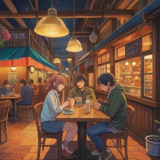 A vibrant illustration depicting a diverse group of people engaged in heartfelt conversations, cozy café setting, warm lighting, expressions of empathy and understanding, supportive gestures, comforting environments, emotional connection, harmonious interactions, mental wellness, 4k