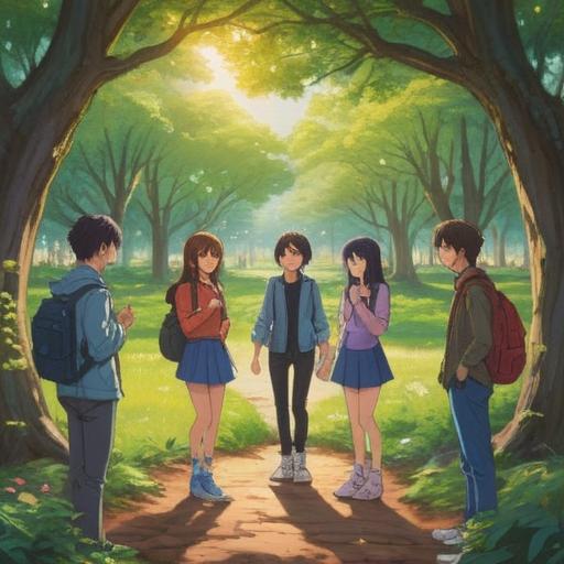 A serene illustration depicting a group of diverse individuals engaging in a supportive conversation, warm smiles and open body language, a peaceful park setting with blooming flowers, soft sunlight filtering through the trees, expressions of understanding and empathy on their faces, harmonious interaction, a sense of community and connection, 4k